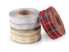 Károvaná stuha s lurexem a drátem šíře 40 mm