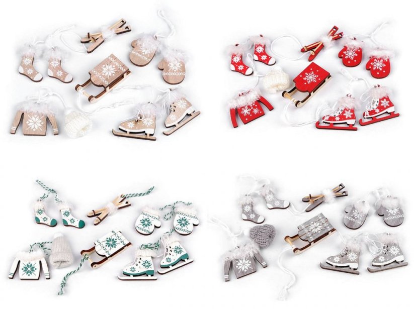 Vánoční dekorace - sáňky, lyže, brusle, čepice, bunda, rukavice, ponožky