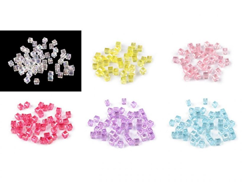 Plastové korálky s AB efektem kostka 6x6 mm